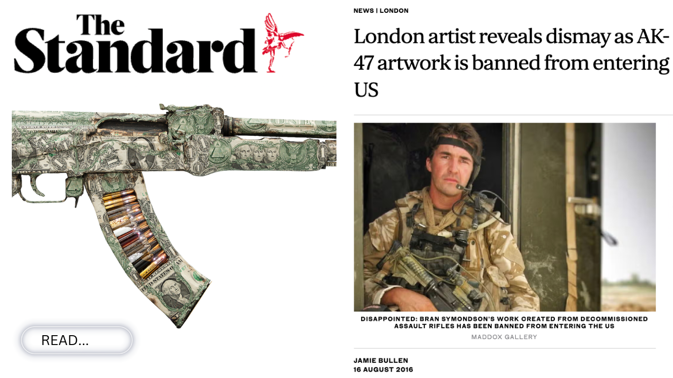 London artist Bran reveals dismay as AK-47 artwork is banned from entering US